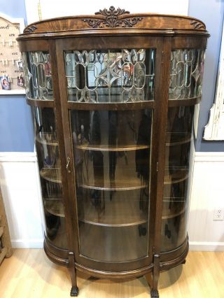 Antique Victorian Oak Leaded Curved Glass China Curio Display Cabinet