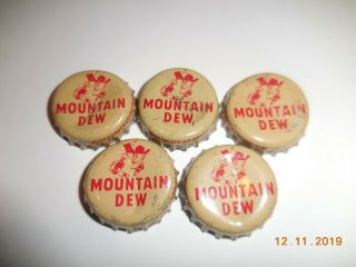 5 Vintage Mountain Dew Small " Hill Billy ".  Cork Bottle Cap Roanoke Va.