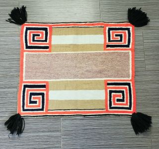 Vintage Navajo Saddle Blanket Rug 32 " X 27 " Lazy Lines Blue Indigo Orange Wool