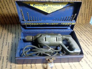 Old Century Cub F - 247 1/4 " Electric Drill In Metal Kit Box With 18 Bits