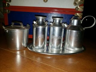 Vintage Silver Metal Milk Can Jug Salt Pepper Shakers,  Sugar Pail,  Milk Pitcher