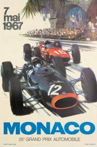 Monaco Grand Prix 1967 Poster On Linen Vintage French Race Poster