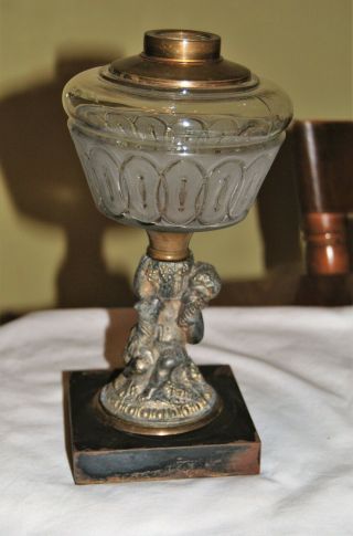 Antique Oil Lamp With Figural Cherub Stem 10 " Tall