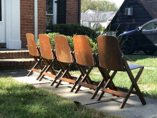 1940s WWII Folding Wood Chairs US American Seating Co Michigan Rare Set Of 5 2