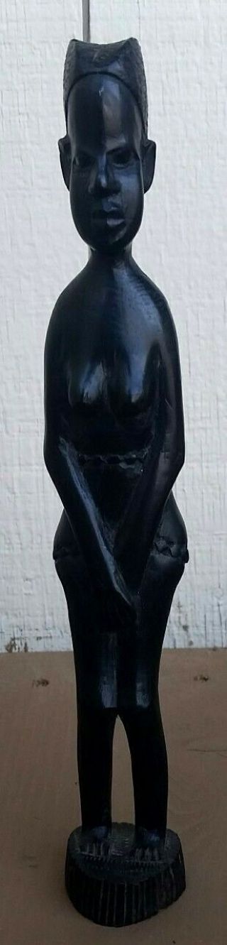 Vintage African Tribal Dark Black Wood Sesse Carved Female Tribeswoman Figure