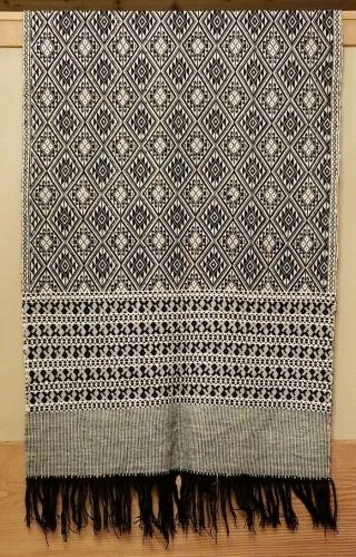 Vintage Tribal Geometric Black & White Woven Wool Textile 75 X 28