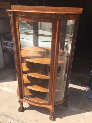 Antique Victorian Quarter - Sawn Oak Curved Glass China Curio Display Cabinet