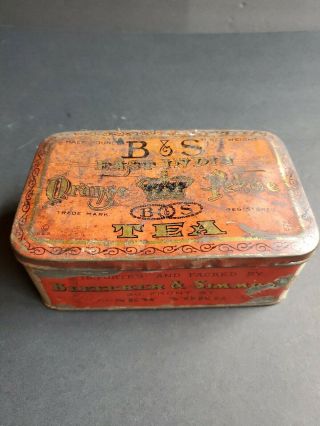 Vintage Tin Metal Box B&s Bleecker Simmon York East India Pekoe Tea Orange