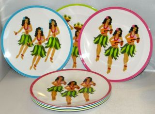 6 - Target Aloha Summer 9 " Plates Hula Dance Girl Hawaiian Tiki Luau Melamine