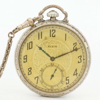 Vintage 1928 Elgin 10k White Gold Filled Pocket Watch With Chain