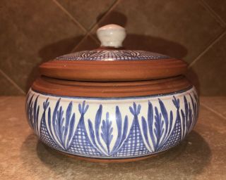 Mexican Pottery Hand Painted Lidded Red Clay And Enamel Dish