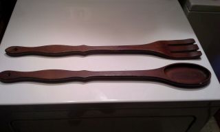 Vintage Retro Kitch Large Wooden Hand Carved Spoon & Fork 26 1/2 "