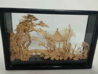 Vntg Asian Oriental Hand Carved Cork Art 3d Diorama Shadow Box Black Lacquered