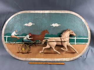 Vintage Metal Painted Painting Harness Sulky Horse Rider On Board Folk Art
