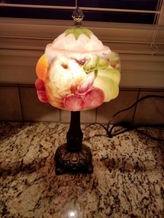 Reverse Painted Glass Lamp Shade And Lamp Base.  Electric
