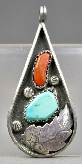 Fine Old Navajo Indian Sterling Silver Turquoise Coral Teardrop Necklace Pendant