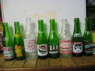 Eight Seven Ounce Applied Color Label Soda Bottles - Kitchen Decor - Vintage