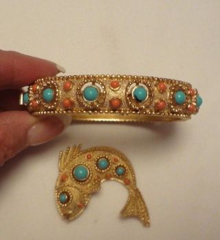 Vintage Crown Trifari Bracelet And Fish Pin Coral And Turquoise Cabochons