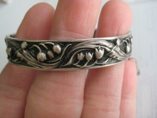 Vintage Antique Sterling Silver Lily Of The Valley High Relief Hinged Bracelet