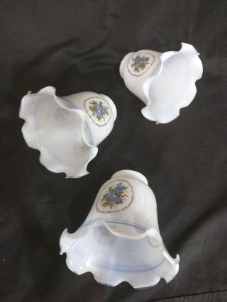 3 Ruffled Milk White Glass Blue Oval Flower Rose Light Lamp Fan Globe Shade 2 "