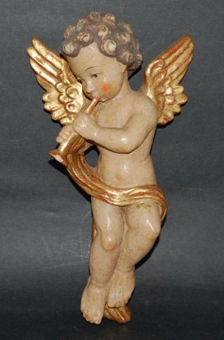 Large Vintage Anri 11 " Hand Carved & Painted Wood Angel,  Putto With Trumpet