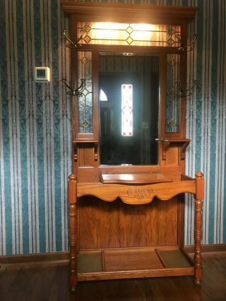 Antique Solid Oak Entryway Hall Tree With Table Mirror Drawer Coat Rack Backlite
