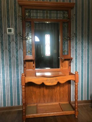 Antique solid Oak Entryway Hall Tree with table mirror drawer coat rack backlite 2