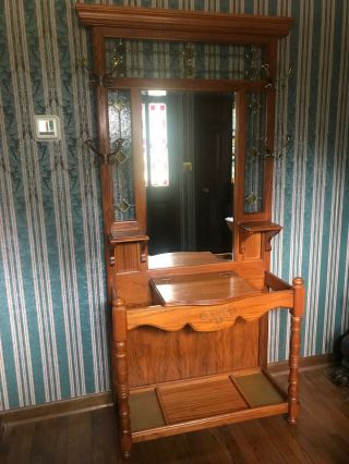 Antique solid Oak Entryway Hall Tree with table mirror drawer coat rack backlite 3