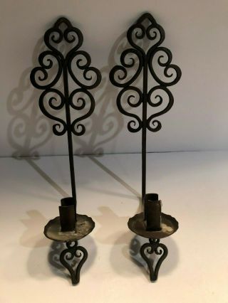 Vintage Wall Sconce Candle Holder Pair 2 Black Wrought Iron 1950 