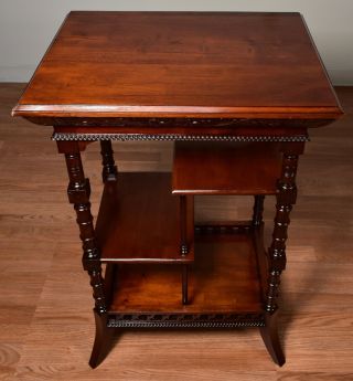1880s Antique Victorian Eastlake Carved Mahogany Table / Stand With Shelves