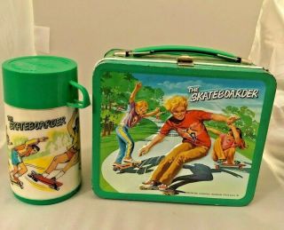 Vintage 1977 Aladdin The Skateboarder Metal Lunchbox Complete With Thermos