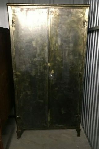 Vintage Industrial Brushed Steel Metal Armoire Cabinet Wardrobe Storage