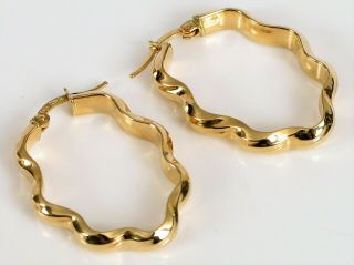 Vintage 14k Yellow Gold Fine Fashion Ruffled Hoop Modernist Earrings