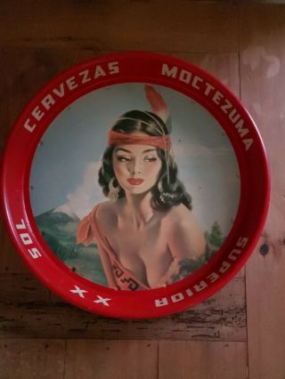 Vintage 50s Tin Beer Tray Cervezas Moctezuma Superior Xx Sol Mexican Aztec Lady