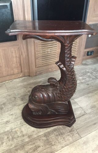 Vintage Carved Wood Dolphin Koi Fish Side End Table Walnut Rare