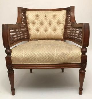 Mcm Tufted Cane Barrel Chair Vintage Carved Wood Furniture Retro Seat Home Decor