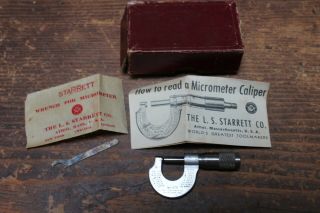 Vintage L.  S.  Starrett Co. ,  576,  0 - 1/2 " Micrometer,  Box,  Wrench,  Instrs.