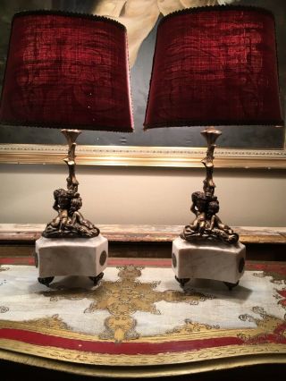 Antique Gilt Metal And Marble Table Lamps,  Cherubs,  Putti.