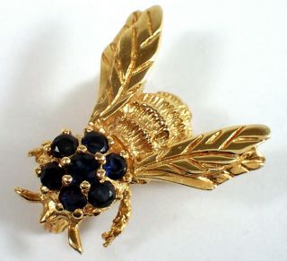 Estate Vtg 14k Yellow Gold 4g Natural Blue Sapphire Bee Brooch Pin Flying Insect