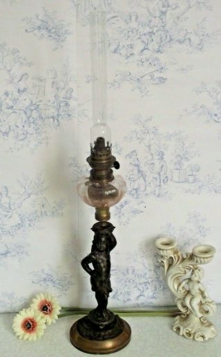 French Antique Art Nouveau Spelter Cherub/angel Pink Glass & Brass Oil Lamp 1333