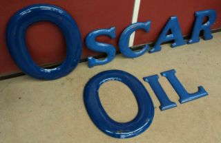 Vintage Porcelain Oscar Oil Letters Sign Man Cave Gas Station Cobalt Blue Origin