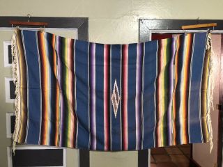 Vtg Antique Mexican Saltillo Serape Wool Fringed Blanket Southwestern 80x46