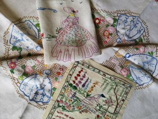 3 Vintage Embroidered Crinoline Lady Ladies Tablecloth Panel As Found Repurpose