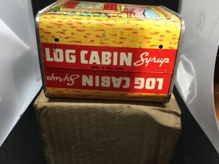 VINTAGE 1960 ' s TOWLE ' S LOG CABIN SYRUP TIN LITHO BANK w Box 3