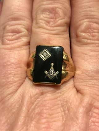 Vintage 10k Yellow Gold Onyx Diamond Mason Ring Mens Size 11.  5