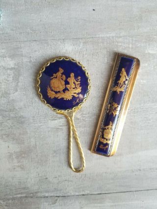 Vintage Limoges Cobalt Blue & Gold Hand Mirror And Comb Vanity Set