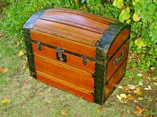 Antique 1870s Stagecoach Dome Top Steamer Trunk Bass Wood Chest