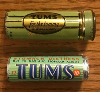 Vintage Tums For The Tummy In Hyperacidity Push Tin & Roll Of Tums 10¢