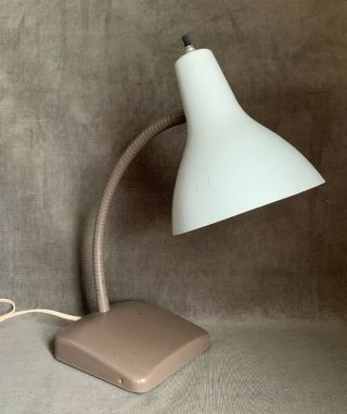 Vintage Mid Century Retro Gooseneck Metal Desk Lamp Brown White