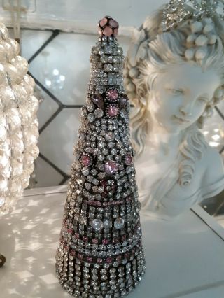 Vintage Jewelry Clear And Pink Rhinestone Christmas Tree Ooak